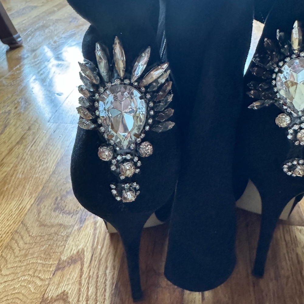 Black suede BeBe zip up  boots with crystal gems size 6